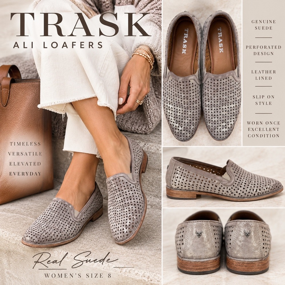 Trask Ali Loafers 8 Metallic Suede Perforated Slip On Shoes Quiet Luxury